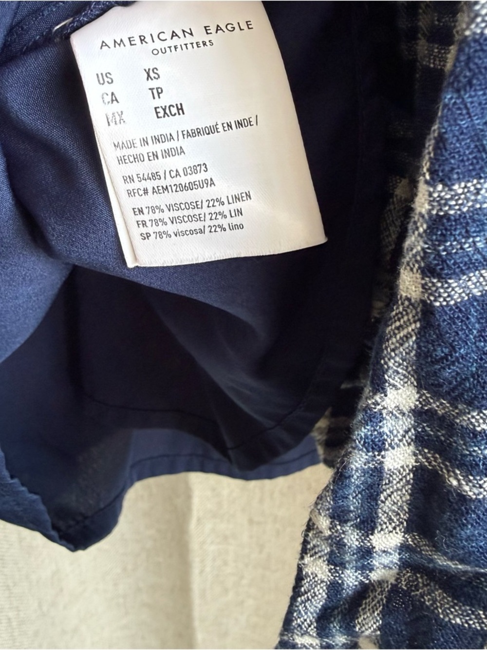 American Eagle Navy Blue Plaid Puff Sleeve Babydoll Cottagecore Mini Dress - Picture 2 of 6